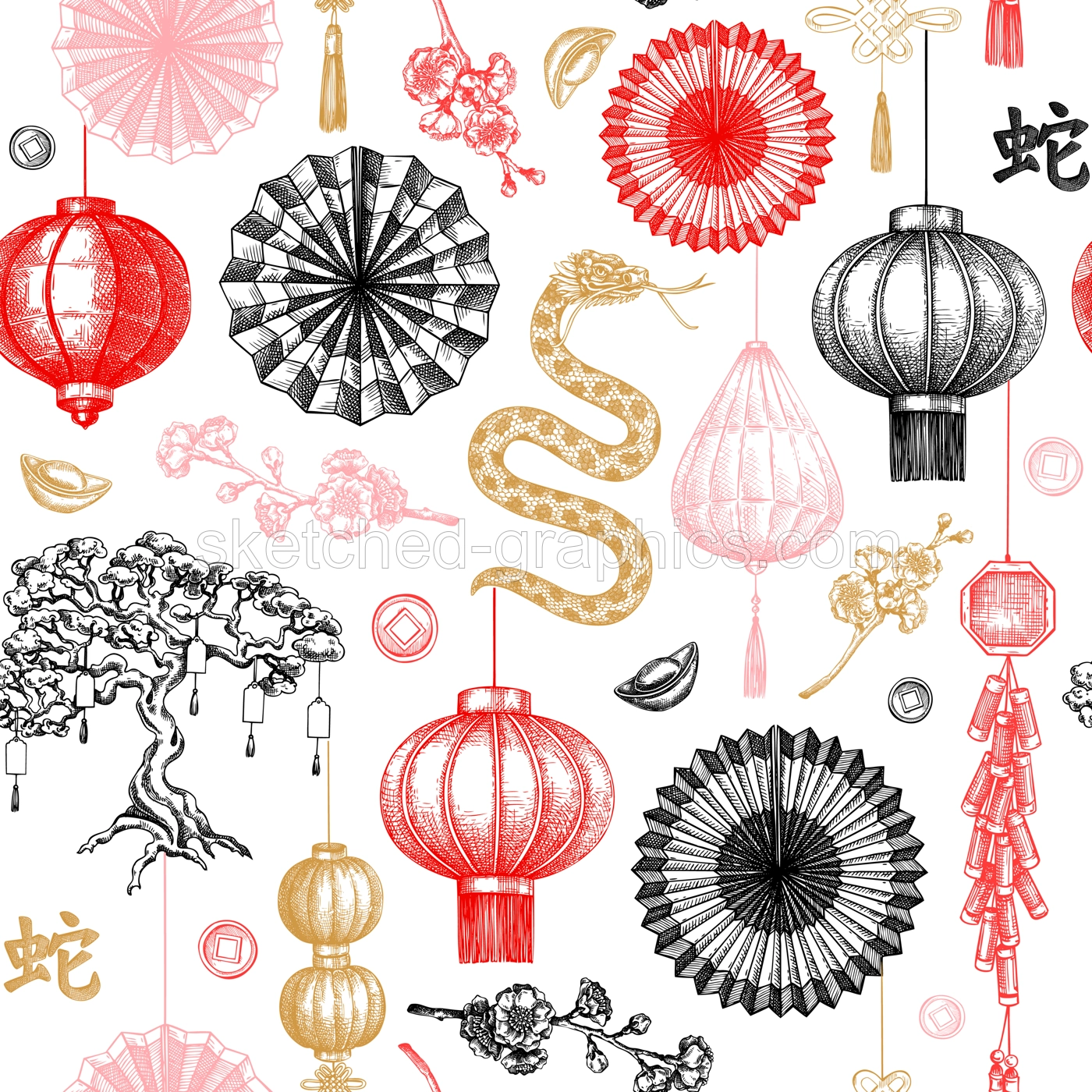 Traditional China seamless pattern. Chinese New Year dbackground. Hand-drawn vector illustrations. NOT AI generated Illustration